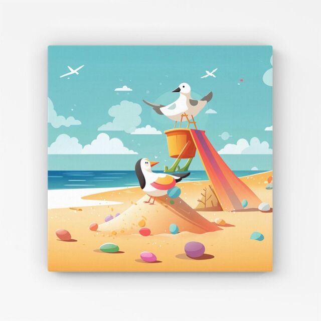 Warren Reed - Designer Seagulls On A Beach Holiday Canvas in Yellow - Size: w10 inch x h10 inch - image 1