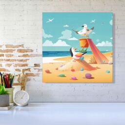 Warren Reed - Designer Seagulls On A Beach Holiday Canvas in Yellow - Size: w10 inch x h10 inch - thumbnail 2