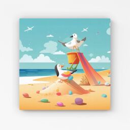 Warren Reed - Designer Seagulls On A Beach Holiday Canvas in Yellow - Size: w10 inch x h10 inch - thumbnail 1