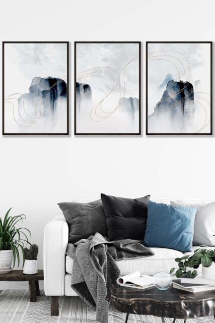 ARTZE Set of 3 Black Framed Abstract Minimal Navy & White Cliffs Wall Art - Size: W33 cm x H45 cm x D20mm - image 1