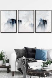 ARTZE Set of 3 Black Framed Abstract Minimal Navy & White Cliffs Wall Art - Size: W33 cm x H45 cm x D20mm - thumbnail 1