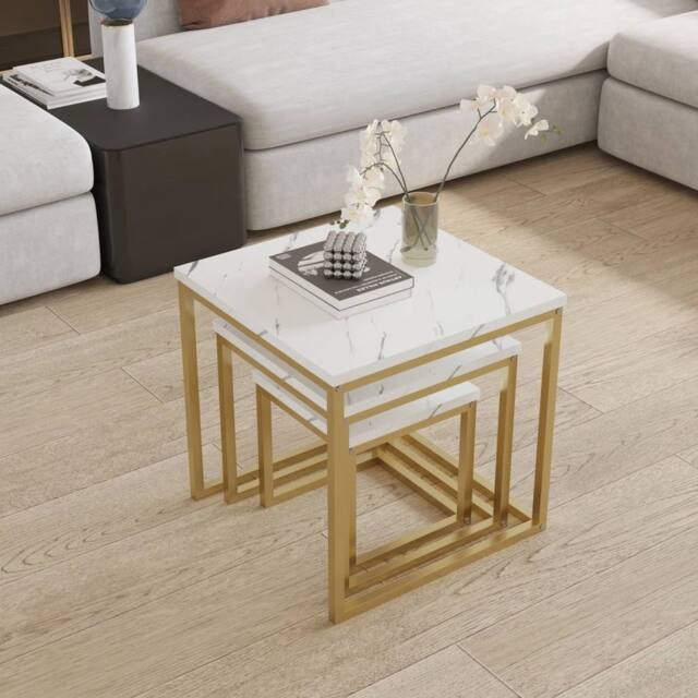 VOGREX 3 Square Nesting Tables Marble Effect MDF Golden Metal Frame in White - image 1