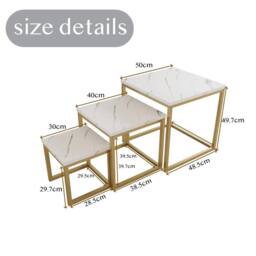 VOGREX 3 Square Nesting Tables Marble Effect MDF Golden Metal Frame in White - thumbnail 2