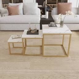 VOGREX 3 Square Nesting Tables Marble Effect MDF Golden Metal Frame in White - thumbnail 4