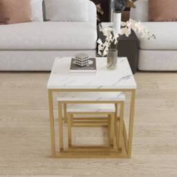 VOGREX 3 Square Nesting Tables Marble Effect MDF Golden Metal Frame in White - thumbnail 3