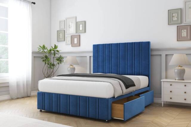 "Comfort Beds Lorenzo Plush Divan Base 2 Drawers - 54"" Headboard-Footboard in Navy - Size: Super King" - image 1