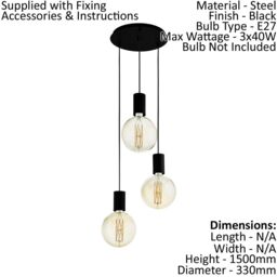 Loops Pendant Ceiling Light 3 Bulb Different Length Cable Colour Black Bulb E27 3x40W - thumbnail 2