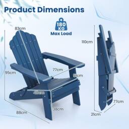 Costway Folding Adirondack Chair Patio HIPS Oversized Chair w/ Wide Armrests in Navy - thumbnail 2