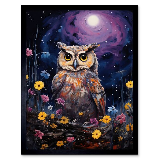 Artery8 Wall Art Print Great Horned Owl Portrait with Lavender Full Moon Oil Painting Spring Night in Countryside Flower Meadow Art Framed - image 1