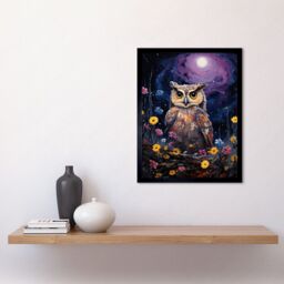 Artery8 Wall Art Print Great Horned Owl Portrait with Lavender Full Moon Oil Painting Spring Night in Countryside Flower Meadow Art Framed - thumbnail 2