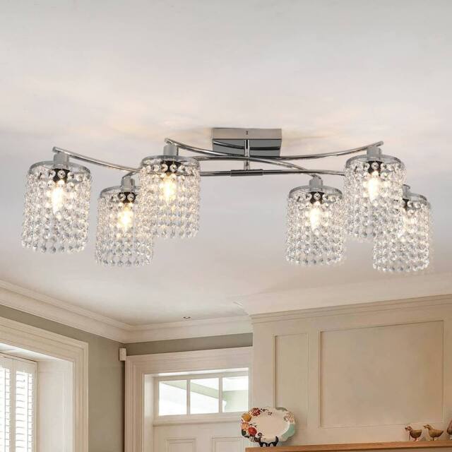NIVOR 6 Light Crystal Flush Mount Ceiling Light E27 Chrome Chandelier in Metallic Silver - image 1