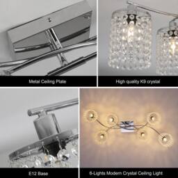 NIVOR 6 Light Crystal Flush Mount Ceiling Light E27 Chrome Chandelier in Metallic Silver - thumbnail 9