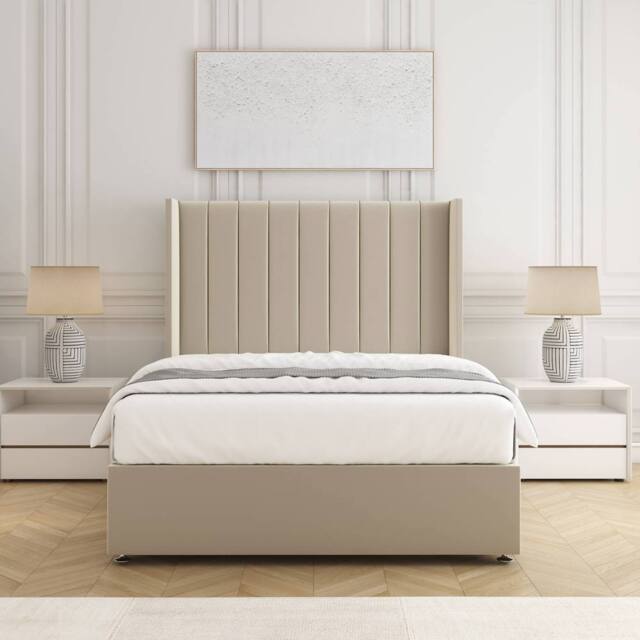 "BSSPOKE Hannah Divan Bed Set Plush Velvet 54""Headboard & Mattress No Drawers in Cream - Size: Single" - image 1