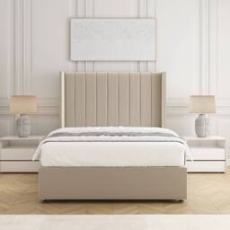 "BSSPOKE Hannah Divan Bed Set Plush Velvet 54""Headboard & Mattress No Drawers in Cream - Size: Single"