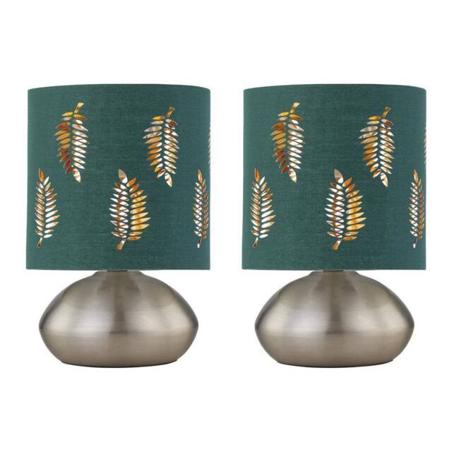 First Choice Lighting Set of 2 Jenson - Brushed Chrome Touch Table Lamps Green Fern Shade in Silver - image 1