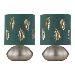 First Choice Lighting Set of 2 Jenson - Brushed Chrome Touch Table Lamps Green Fern Shade in Silver - thumbnail 1