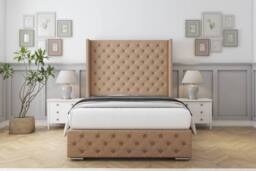 "Sloomy Arundel Dumfries Frame-Mattress - 50"" Upholstered Wingback Headboard in Light Brown - Size: Super King"