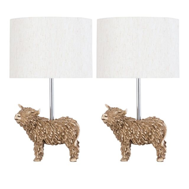 First Choice Lighting Set of 2 Angus - Highland Cow Table Lamps With Oatmeal Linen Shade in Cream - image 1