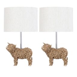 First Choice Lighting Set of 2 Angus - Highland Cow Table Lamps With Oatmeal Linen Shade in Cream