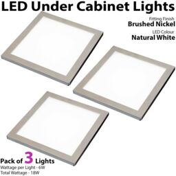 Loops 3x BRUSHED NICKEL Ultra-Slim Square Under Cabinet Kitchen Light & Driver Kit - Natural White LED in Metallics - thumbnail 3