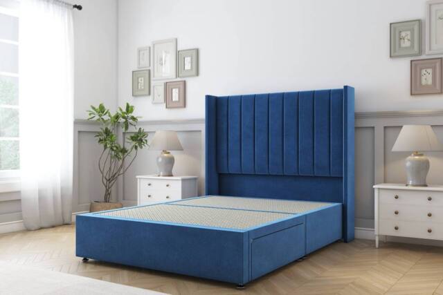 "Sloomy Falcon Plush Divan Base 2 Drawers Foot-End-54"" Wingback Headboard in Blue - Size: King" - image 1