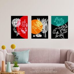 Wee Blue Coo Pack of 3 Colour Pop on Floral Black & White Plants Flower Botanical Invert Colour Unframed Wall Art Living Room Prints Set - thumbnail 2