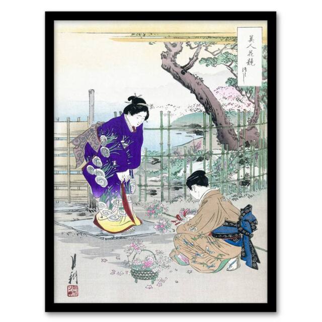 Artery8 Ogata Gekko Framed Wall Art Print Flower Arranging In The Garden in Purple - Size: A4 - image 1