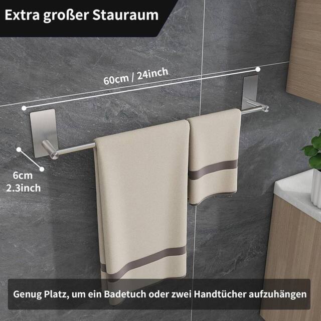 EONLION 60cm Adhesive No Drilling Towel Holder Rail Bar in Silver - Size: 180 cm width x 180 cm drop - image 1