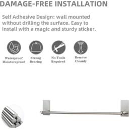 EONLION 60cm Adhesive No Drilling Towel Holder Rail Bar in Silver - Size: 180 cm width x 180 cm drop - thumbnail 4