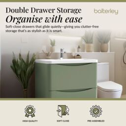 Balterley Floor Standing 2 Drawer Bathroom Vanity Unit & Basin, Green, 755mm in Green - thumbnail 2