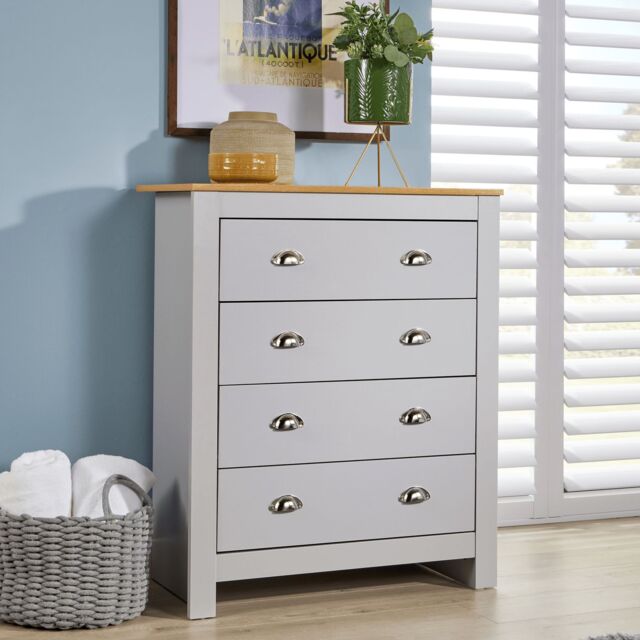 Home Source Chest 4 Drawers Bedroom Cabinet Oak Top Metal Handles Wood Nightstand in Light Grey