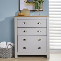 Home Source Chest 4 Drawers Bedroom Cabinet Oak Top Metal Handles Wood Nightstand in Light Grey - thumbnail 2