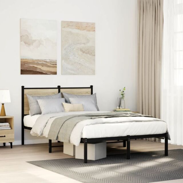 Berkfield Home Metal Bed Frame without Mattress Sonoma Oak 120x200 cm in Brown - Size: Small Double - image 1