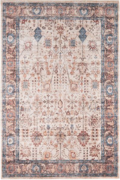 Kukoon Blue Beige Traditional Floral Bordered Non Slip Washable Low Pile Rug - Size: 200 cm x 290 cm - image 1