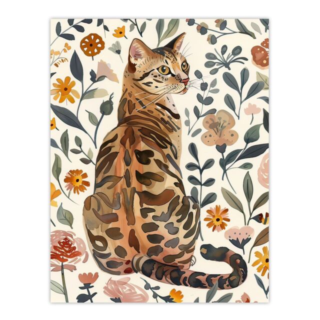 "Artery8 Cat Lover Curious Bengal in Autumn Wildflowers Wall Art Print - Size: W24"" x H32""" - image 1