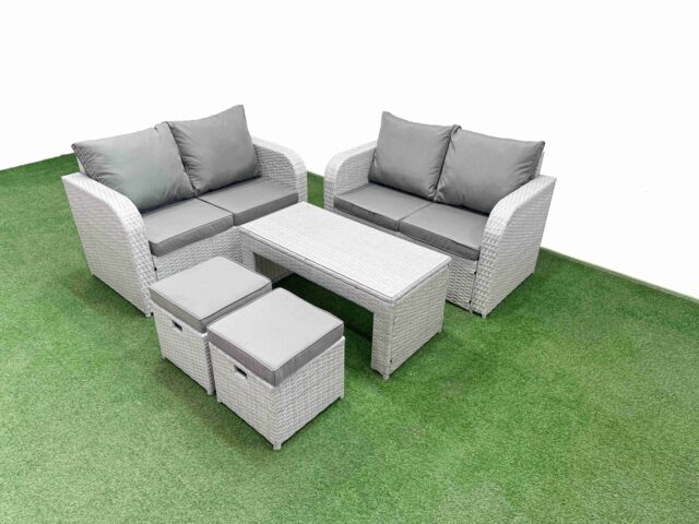 Fimous 6 Seater Outdoor Love Sofa Set Rattan Garden Furniture Set with Oblong Coffee Table 2 Small Stools Light Grey - image 1