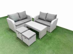 Fimous 6 Seater Outdoor Love Sofa Set Rattan Garden Furniture Set with Oblong Coffee Table 2 Small Stools Light Grey - thumbnail 1