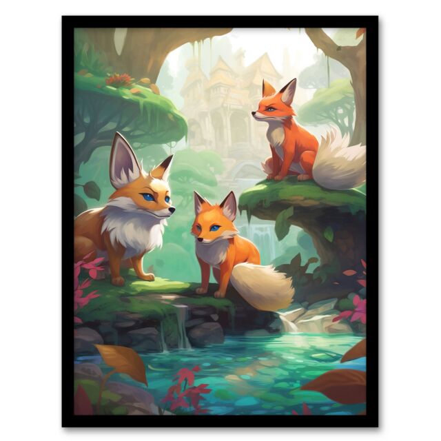 Artery8 Wall Art Print Three Kitsune Fox Spirits Painting Orange Pink Green Blue Playful Mythical Creatures Perched By River in Lush Forest Landscape - image 1