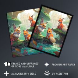 Artery8 Wall Art Print Three Kitsune Fox Spirits Painting Orange Pink Green Blue Playful Mythical Creatures Perched By River in Lush Forest Landscape - thumbnail 2