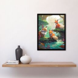 Artery8 Wall Art Print Three Kitsune Fox Spirits Painting Orange Pink Green Blue Playful Mythical Creatures Perched By River in Lush Forest Landscape - thumbnail 4