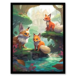 Artery8 Wall Art Print Three Kitsune Fox Spirits Painting Orange Pink Green Blue Playful Mythical Creatures Perched By River in Lush Forest Landscape - thumbnail 1