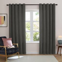 Furn Soft Chenille Blackout Eyelet Curtain Pair in Charcoal - Size: 117 cm width x 183 cm drop - thumbnail 2