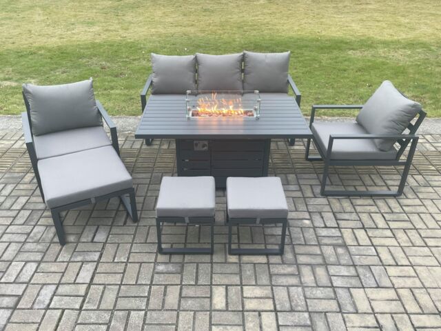 Fimous Aluminium Patio Outdoor Garden Furniture Lounge Sofa Set Gas Fire Pit Dining Table with 3 Footstools Dark Grey - image 1
