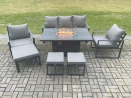 Fimous Aluminium Patio Outdoor Garden Furniture Lounge Sofa Set Gas Fire Pit Dining Table with 3 Footstools Dark Grey - thumbnail 1