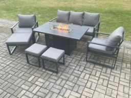 Fimous Aluminium Patio Outdoor Garden Furniture Lounge Sofa Set Gas Fire Pit Dining Table with 3 Footstools Dark Grey - thumbnail 2