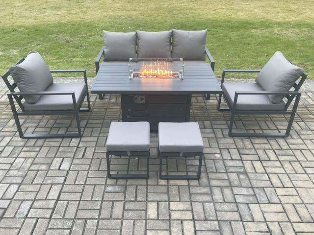 Fimous Aluminium Outdoor Garden Furniture Set Gas Fire Pit Dining Table Set Gas Heater Burner with 2 Arm Chair Small Footstools Dark Grey - image 1