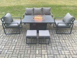 Fimous Aluminium Outdoor Garden Furniture Set Gas Fire Pit Dining Table Set Gas Heater Burner with 2 Arm Chair Small Footstools Dark Grey - thumbnail 1
