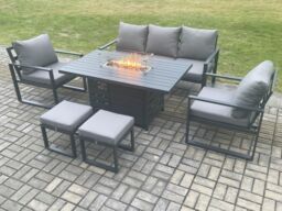 Fimous Aluminium Outdoor Garden Furniture Set Gas Fire Pit Dining Table Set Gas Heater Burner with 2 Arm Chair Small Footstools Dark Grey - thumbnail 2