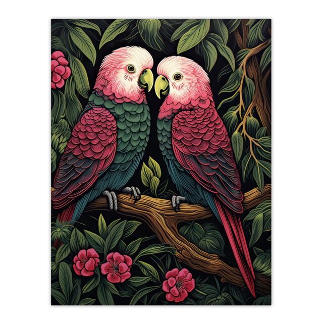 "Artery8 Wall Art Print Pair of Parrots on a Blooming Tree Vintage Painting Burgundy Pink Green Lush Jungle Birds Portrait Poster - Size: W18"" x H24""" - image 1