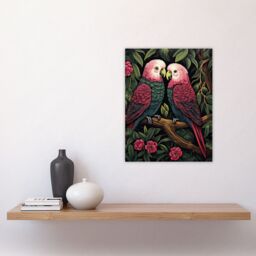 "Artery8 Wall Art Print Pair of Parrots on a Blooming Tree Vintage Painting Burgundy Pink Green Lush Jungle Birds Portrait Poster - Size: W18"" x H24""" - thumbnail 4